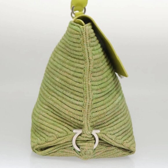 Salvatore Ferragamo Sofia Gancini Hand Bag Straw Leather 2way Green Auth 103207V - Picture 5 of 16